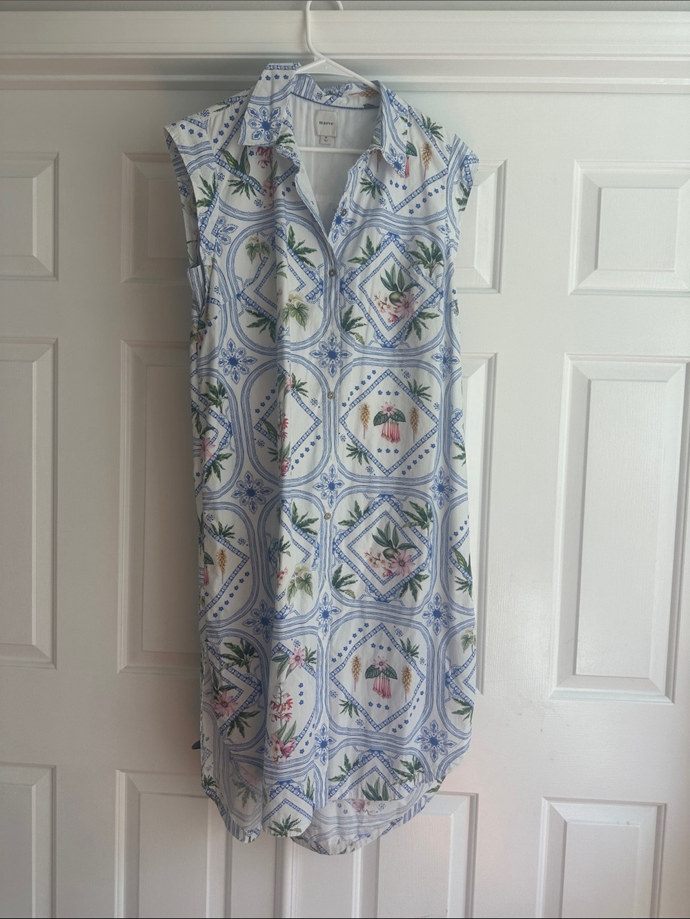 Mauve Sleeveless White Midi Shirt Dress with Blue Tile & Floral Print